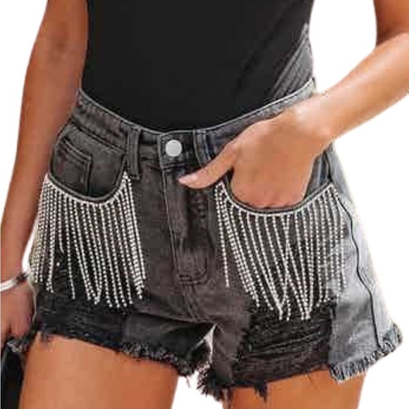 Ripped Black Fringed High waisted rhinestone shorts - Picture 1 of 4